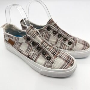 Blowfish Malibu Slip On Sneakers Womens 6 Brown Plaid Distressed Canvas Laceless